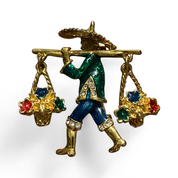 Vintage Jewelry - Vintage Asian Basket Carrier Brooch Gold Tone Jewel Tone Enamel Rhinestones